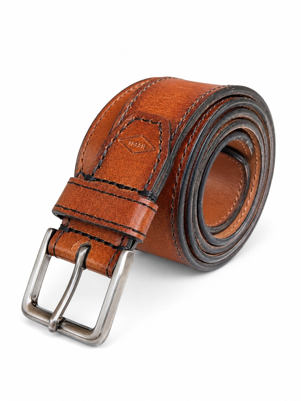 Fossil Griffin Cognac Brown Genuine Leather Belt 40 Men’s Contrast Stitch large